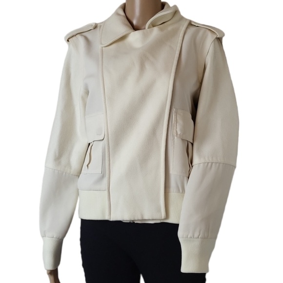 BCBG Max Azria Ivory Mixed Media Bomber Jacket Wool Blend xs - Picture 2 of 4
